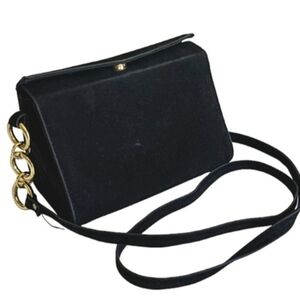 Vintage Black Velvety Handbag Small Gold Link + Leather Strap Shoulder Purse
